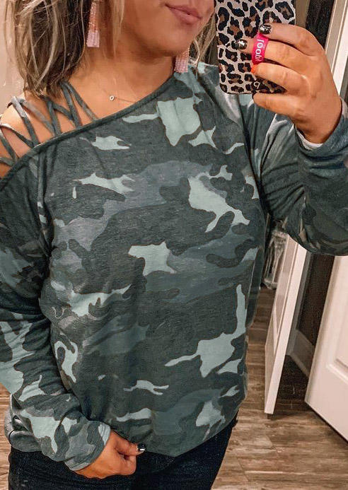 Camouflage Criss-Cross One Sided Cold Shoulder Blouse