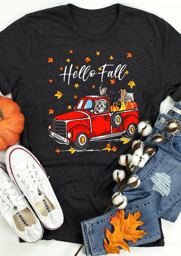 

Hello Fall Maple Leaf Cat T-Shirt Tee - Dark Grey, 517161