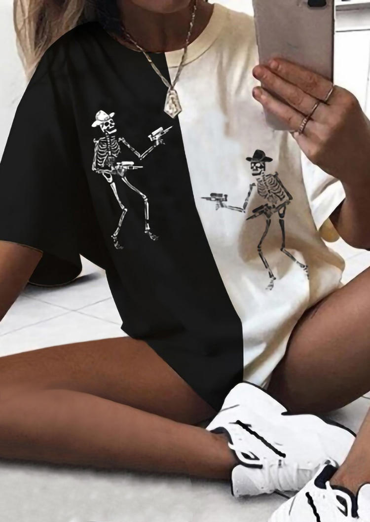 

Halloween Color Block Skeleton T-Shirt Tee - Black, 517179