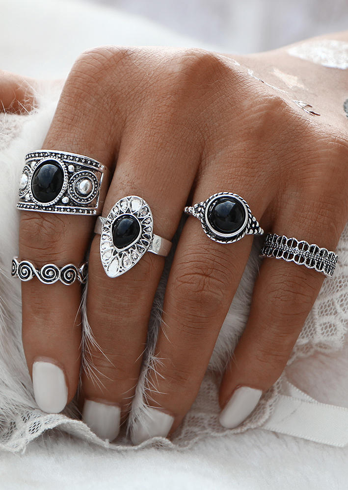 

5Pcs Vintage Ethnic Style Alloy Ring Set, Silver, 517192