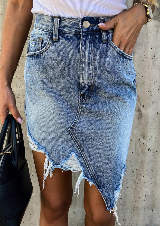 

Pocket Ripped Hole Frayed Hem Irregular Denim Skirt - Blue, 517220