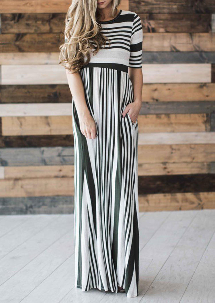 

Striped Pocket Empire Half Sleeve Maxi Dress, Stripe, 517242