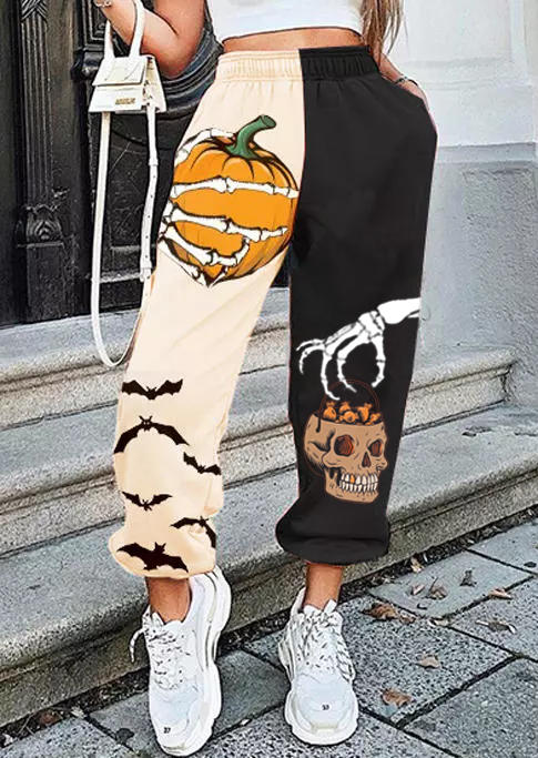 Pumpkin Bat Skeleton Sweatpants - Beige, Apricot, 517249
