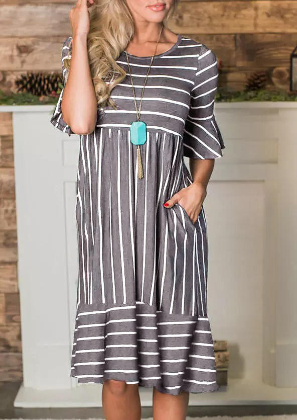 Striped Pocket Flare Sleeve Midi Dress