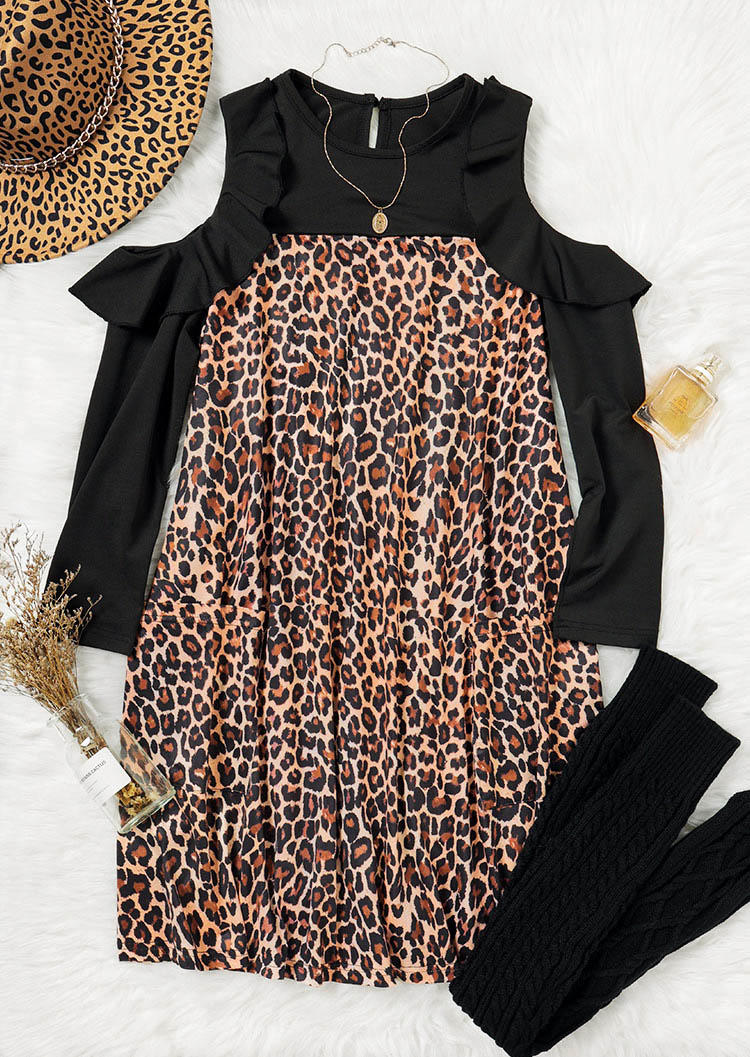 Leopard Pocket Cold Shoulder Mini Dress