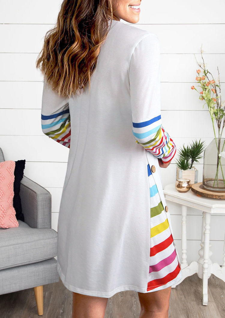 Colorful Striped Splicing Button Mini Dress - White