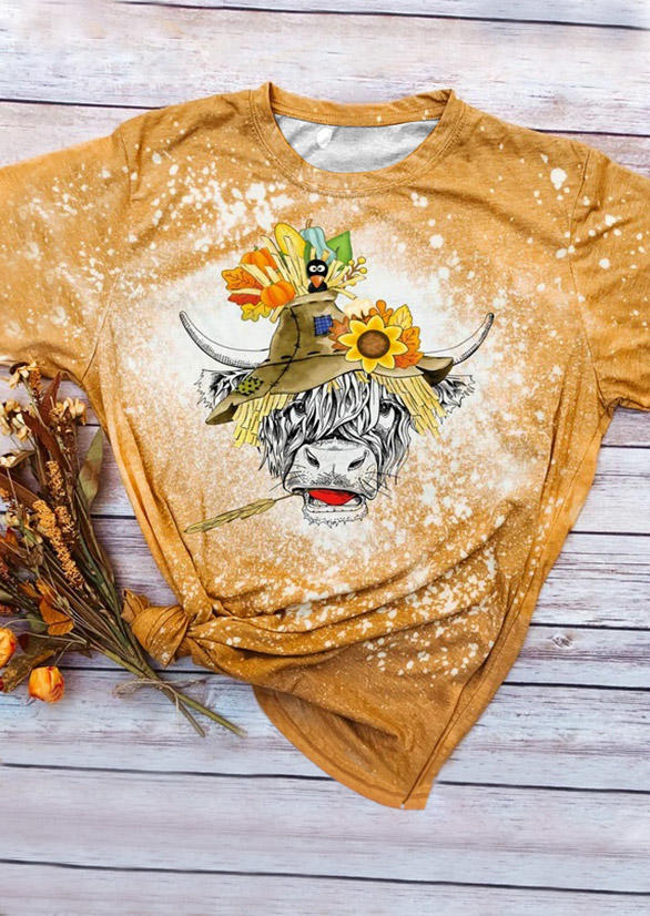 Steer Skull Floral Bleached T-Shirt Tee - Yellow