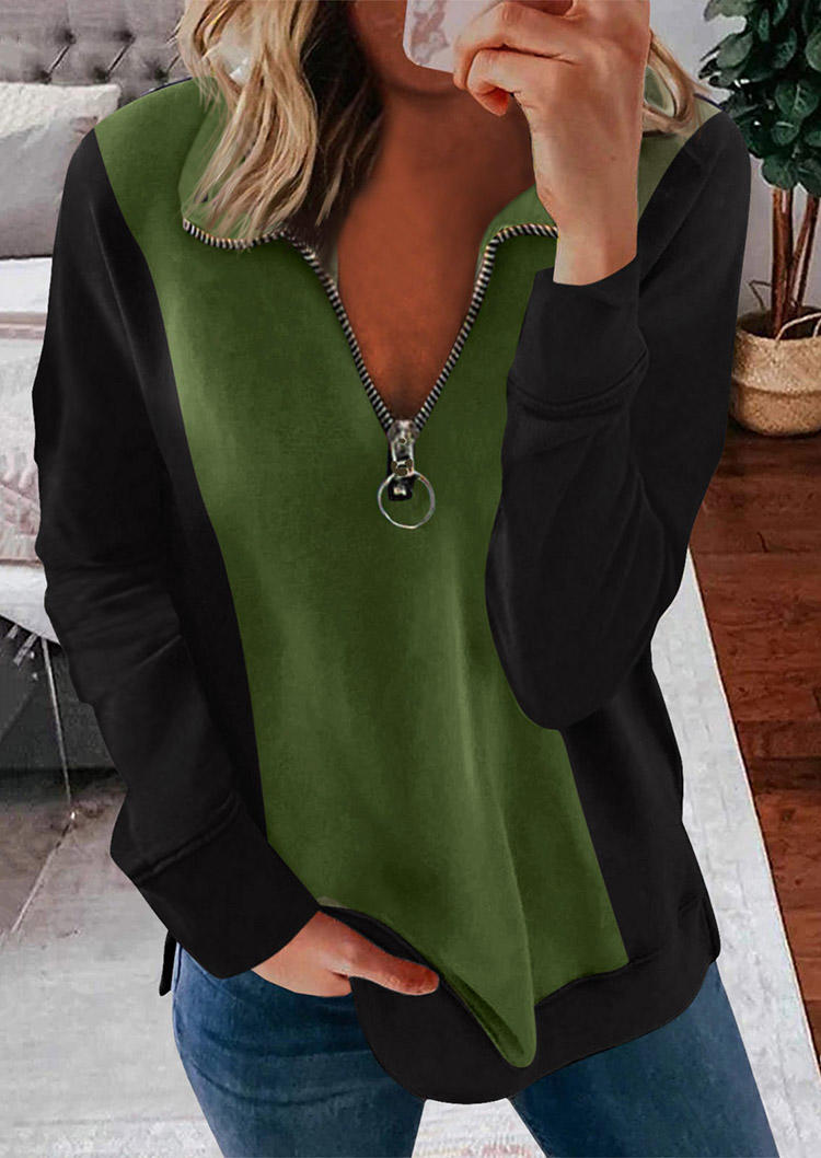 

Zipper Color Block Pullover Blouse - Army Green, 516663