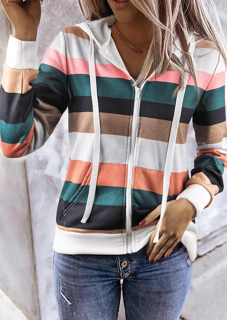 

Color Block Striped Pocket Drawstring Hooded Coat, Multicolor, 516697