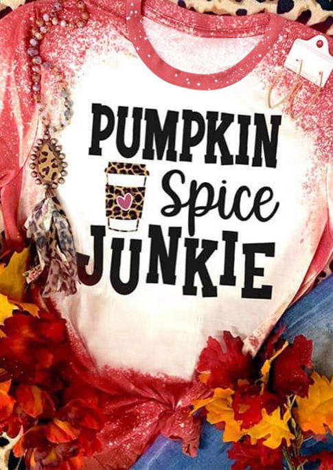 Buy Pumpkin Spice Junkie Leopard Bleached T-Shirt Tee - Red. Picture