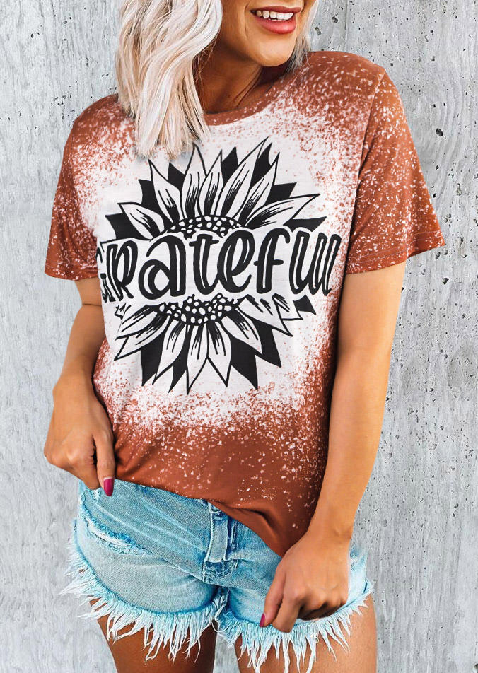 

Grateful Sunflower Bleached T-Shirt Tee - Brick Red, 516717