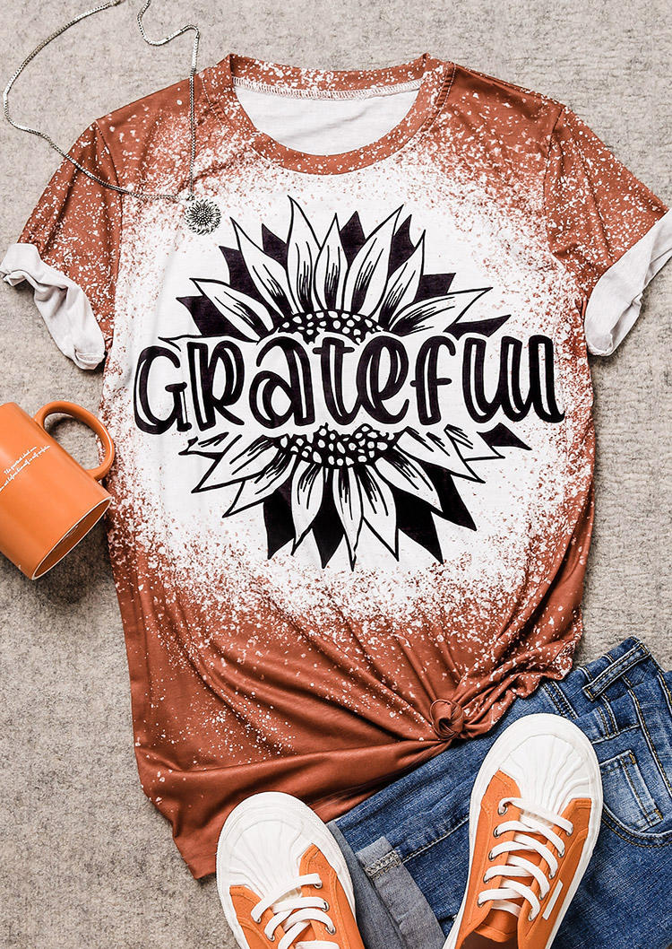 Buy Grateful Sunflower Bleached T-Shirt Tee - Brick Red. Picture