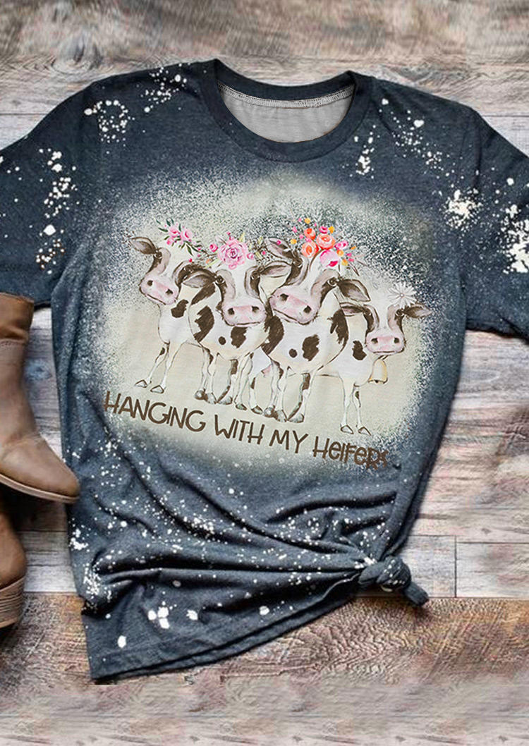 

Floral Cow Hanging With My Heifers Bleached T-Shirt Tee - Blue, 516720