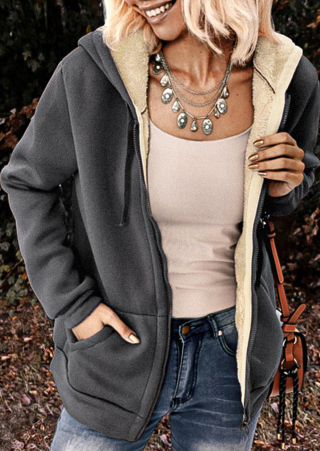 

Warm Fleece Pocket Zipper Hooded Coat - Gray, 516773