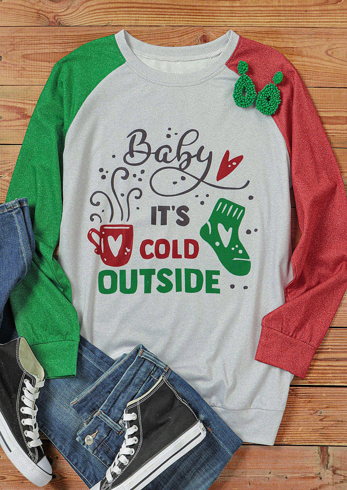 Baby It's Cold Outside Heart Raglan Sleeve T-Shirt Tee - Light Grey