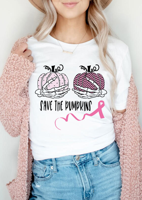 

Save The Pumpkin Skeleton Hand T-Shirt Tee - White, 516819