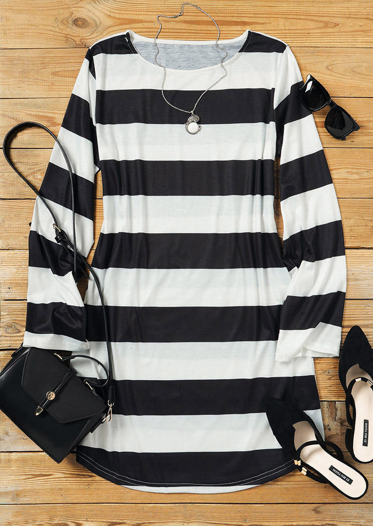 Striped Long Sleeve O-Neck Mini Dress