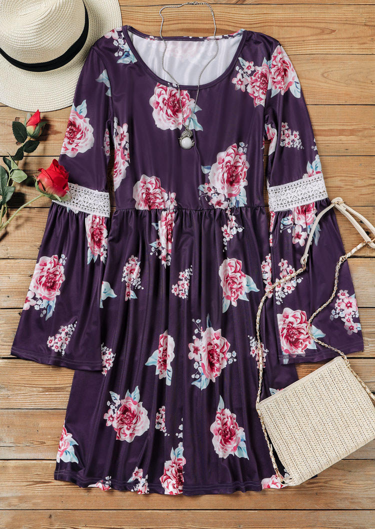 Lace Floral Splicing Flare Sleeve Mini Dress