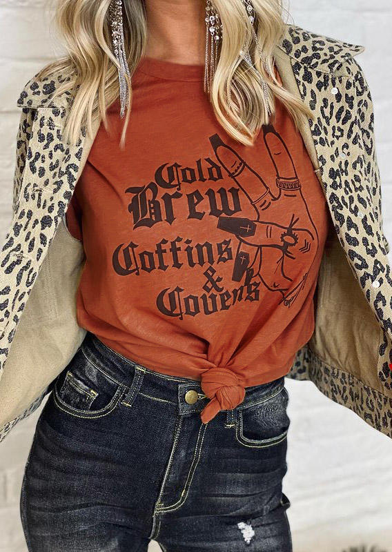 

Halloween Cold Brew Coffing Covens Hand T-Shirt Tee - Brick Red, 517025