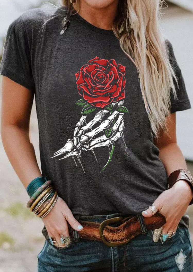

Halloween Skeleton Hand Rose T-Shirt Tee - Dark Grey, 517069