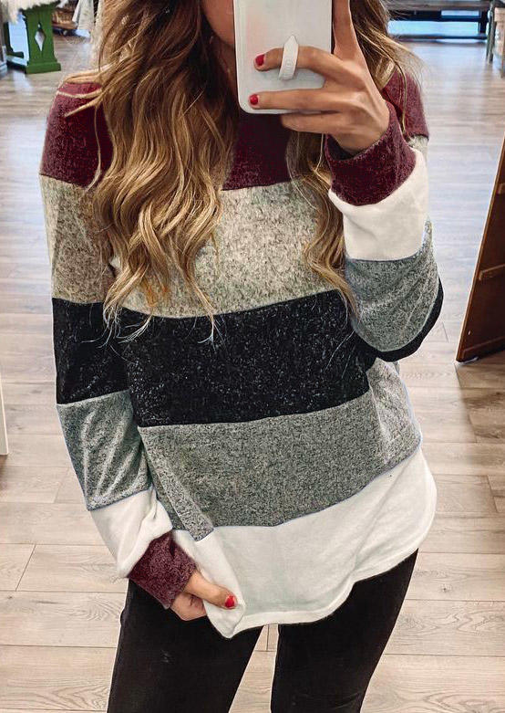 

Color Block O-Neck Long Sleeve Blouse, Multicolor, 517122