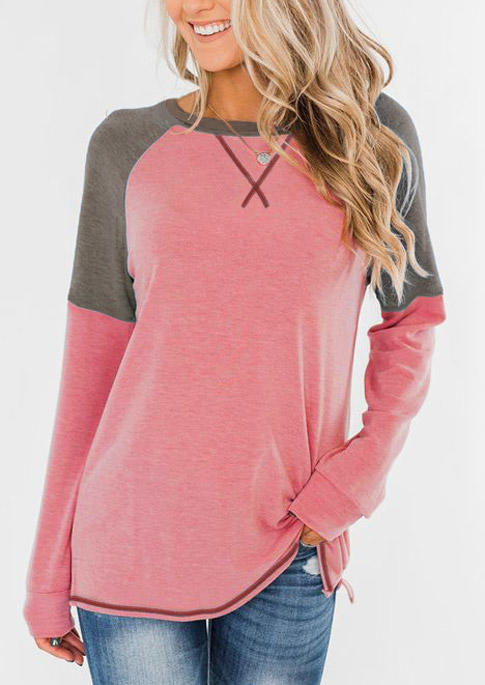 

Color Block Long Sleeve O-Neck Blouse - Watermelon Red, 517124