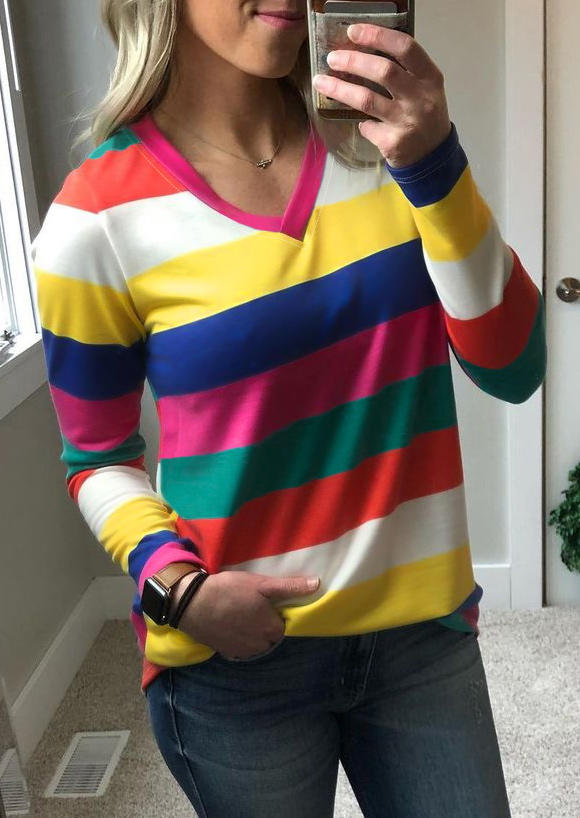 

Colorful Striped V-Neck Long Sleeve Blouse, Multicolor, 517265