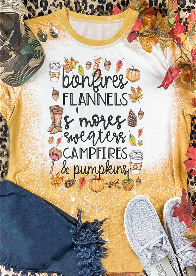 

Bonfires Flannels Pumpkins Maple leaf Bleached T-Shirt Tee - Yellow, 515412