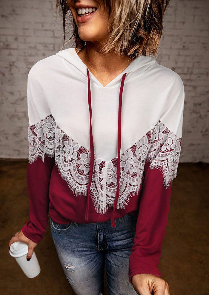 

Lace Splicing Color Block Drawstring Hoodie - Burgundy, 515749