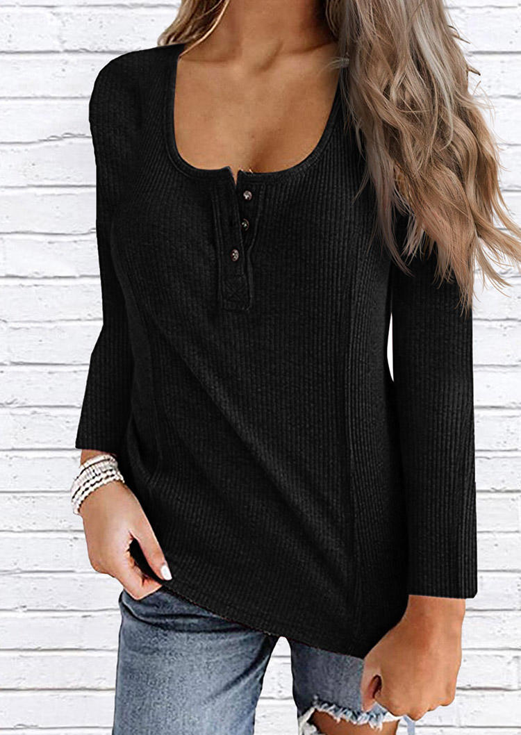 

Button Notched Neck Long Sleeve Blouse - Black, 516634