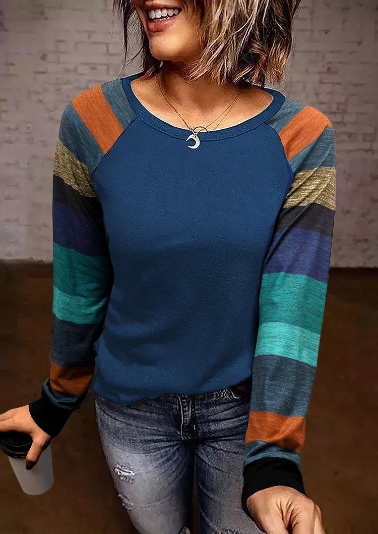 

Color Block O-Neck Long Sleeve Blouse - Blue, 516787