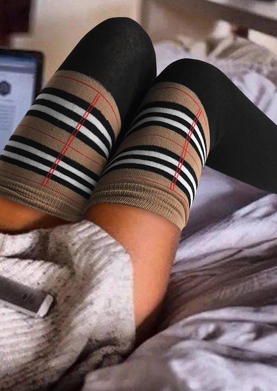 

Striped Color Block Thigh-High Socks, Gray;coffee, 516790