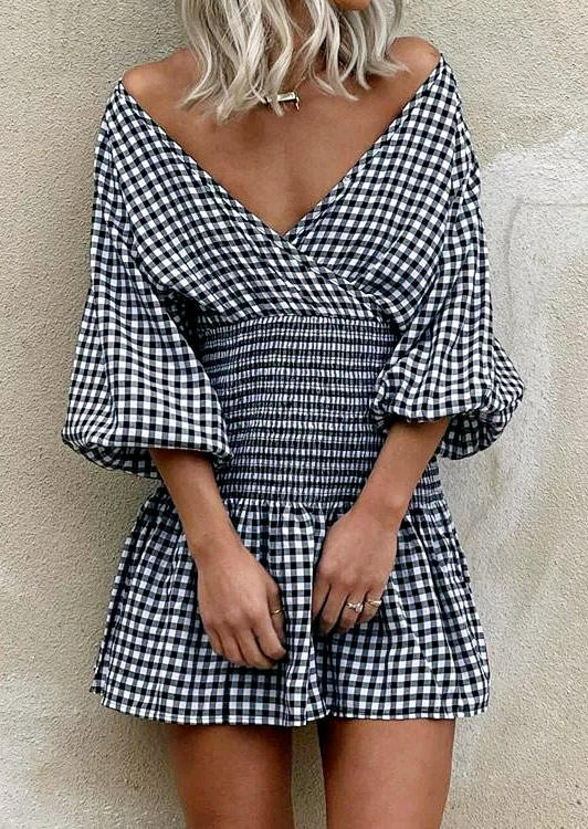 

Plaid Wrap Smocked Waist Lantern Sleeve Mini Dress - Black, 516941