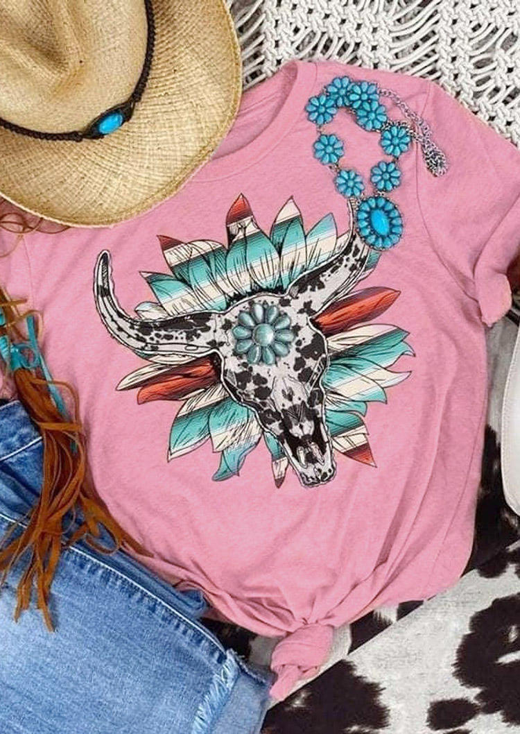 

Steer Skull Turquoise T-Shirt Tee - Pink, 517012