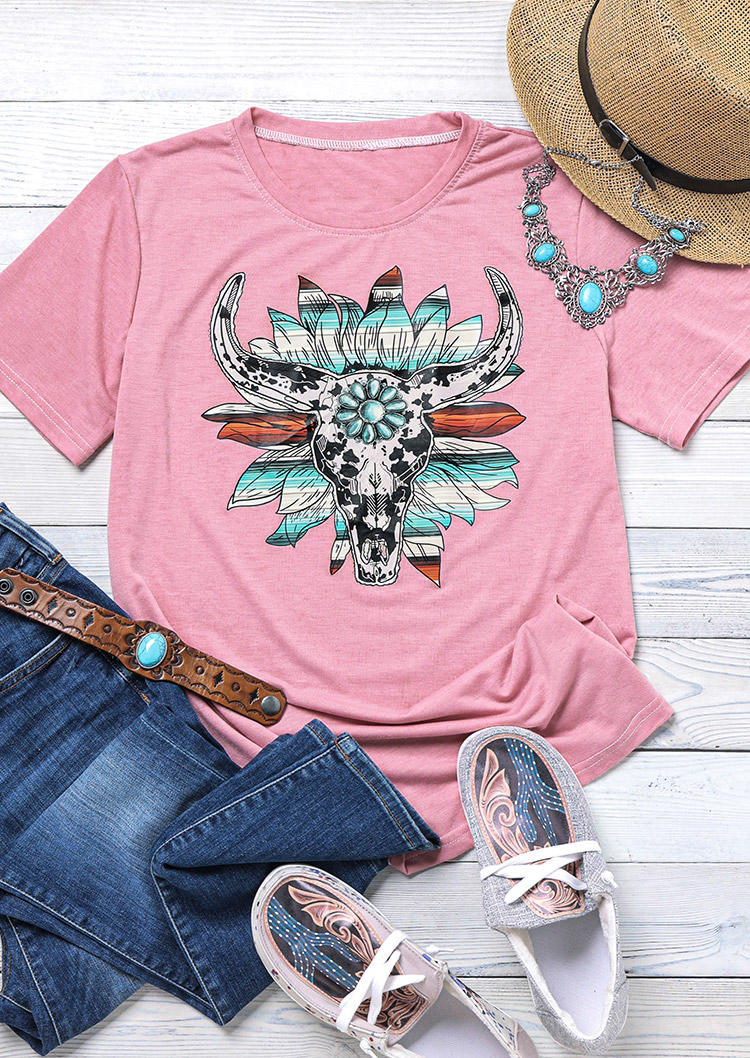 Steer Skull Turquoise T-Shirt Tee - Pink