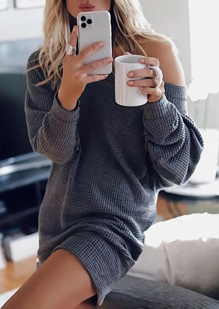 

Waffle Slash Neck Long Sleeve Mini Dress - Dark Grey, 517029