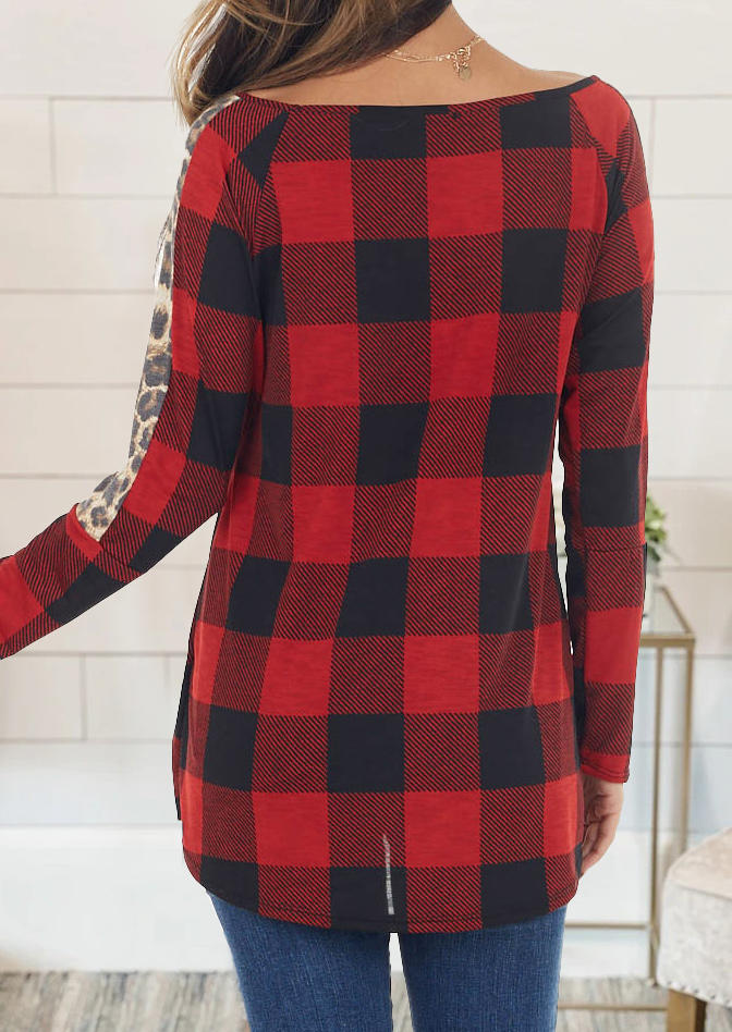 Plaid Splicing Leopard Long Sleeve Blouse - Red