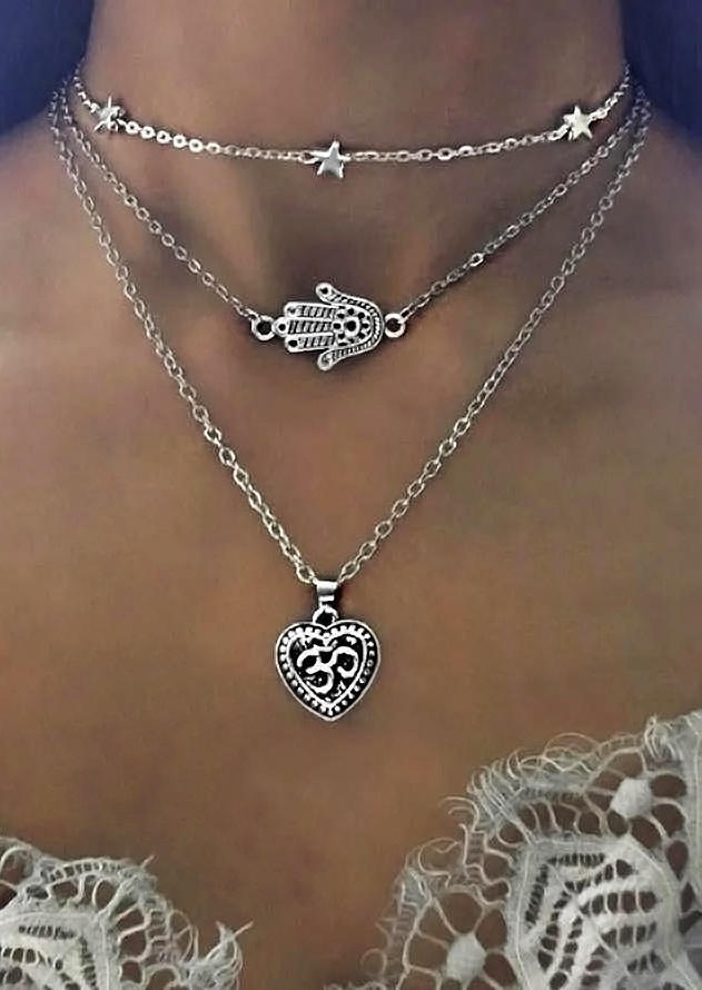

Vintage Star Heart Hamsa Multi-Layered Pendant Necklace, Silver, 517299
