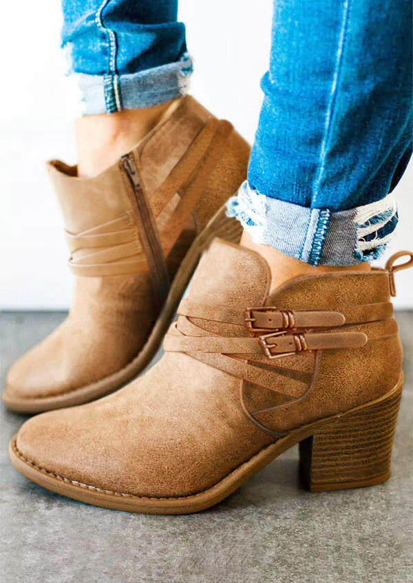 

Zipper Round Toe Heeled Ankle Boots - Brown, 517334