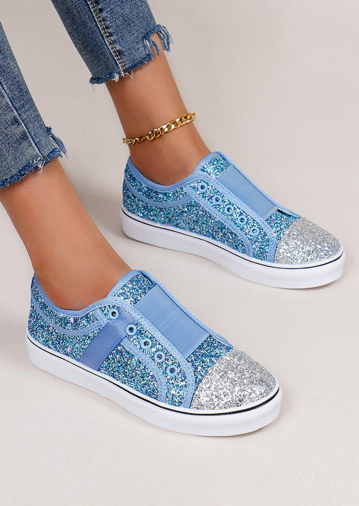 

Sequined Color Block Elastic Band Flat Sneakers - Blue, 517371