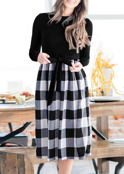 

Plaid Long Sleeve Midi Dress, 517407