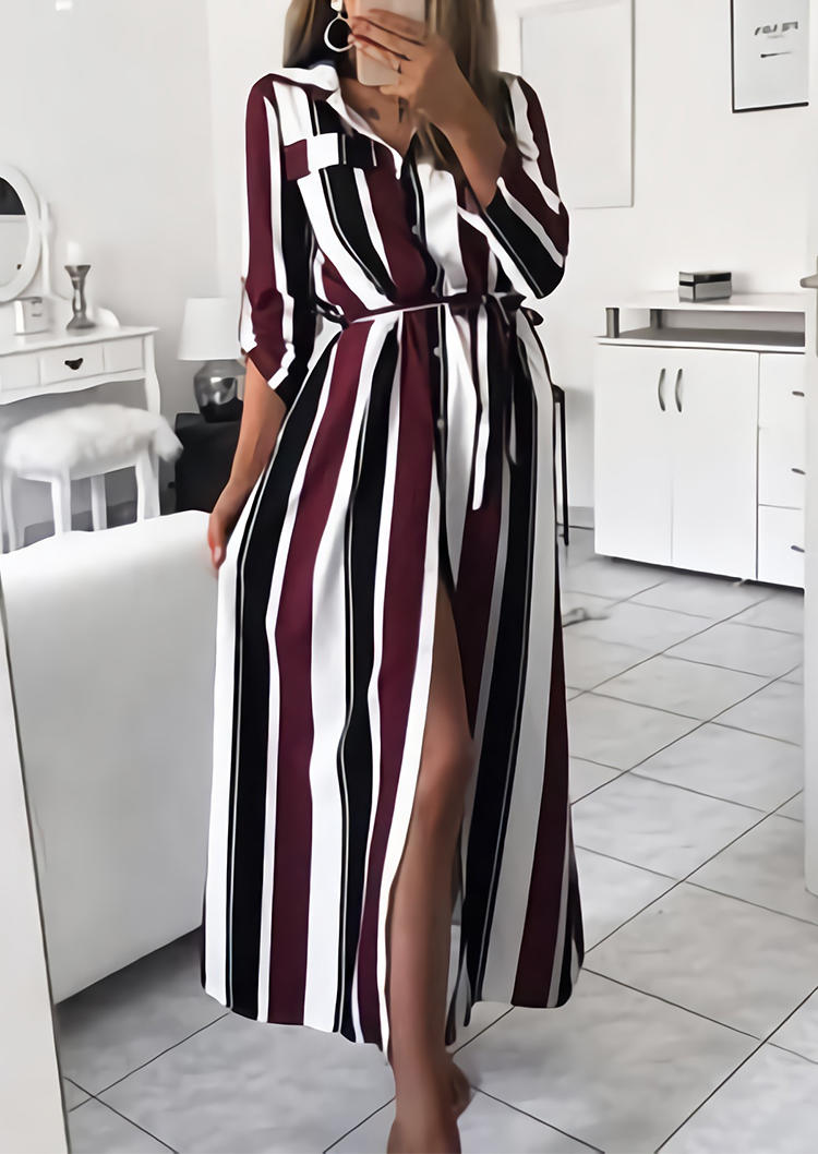 

Striped Slit Turn-down Collar Maxi Dress, Stripe, 517412