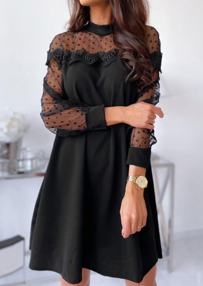 

Lace Mesh Polka Dot Mini Dress - Black, 517415