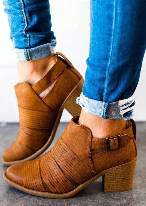 

Adjustable Round Toe Heel Ankle Boots - Brown, 517430