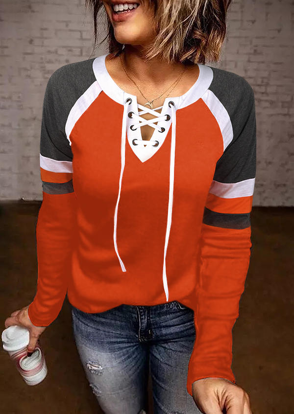

Striped Lace Up Raglan Sleeve Blouse - Orange, 516598