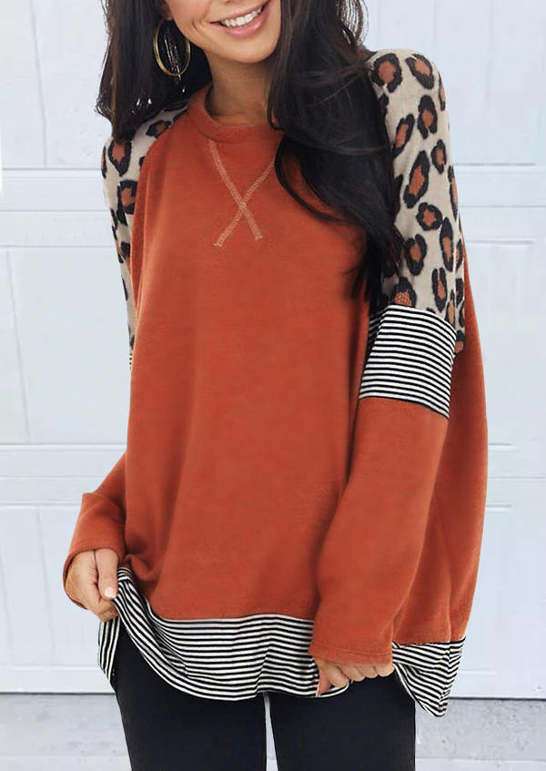 

Leopard Striped Splicing Casual Blouse - Orange, 516962
