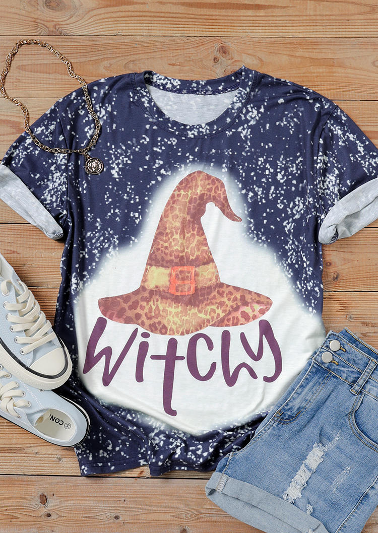 Halloween Witchy Hat Bleached T-Shirt Tee - Blue