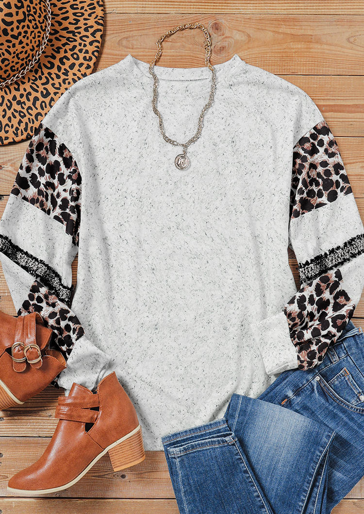 Buy Leopard Splicing Long Sleeve Sweatshirt - Light Grey. Picture