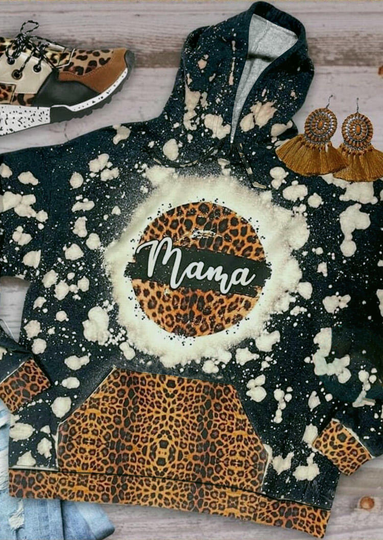

Mama Leopard Kangaroo Pocket Splicing Bleached Hoodie, Multicolor, 517023