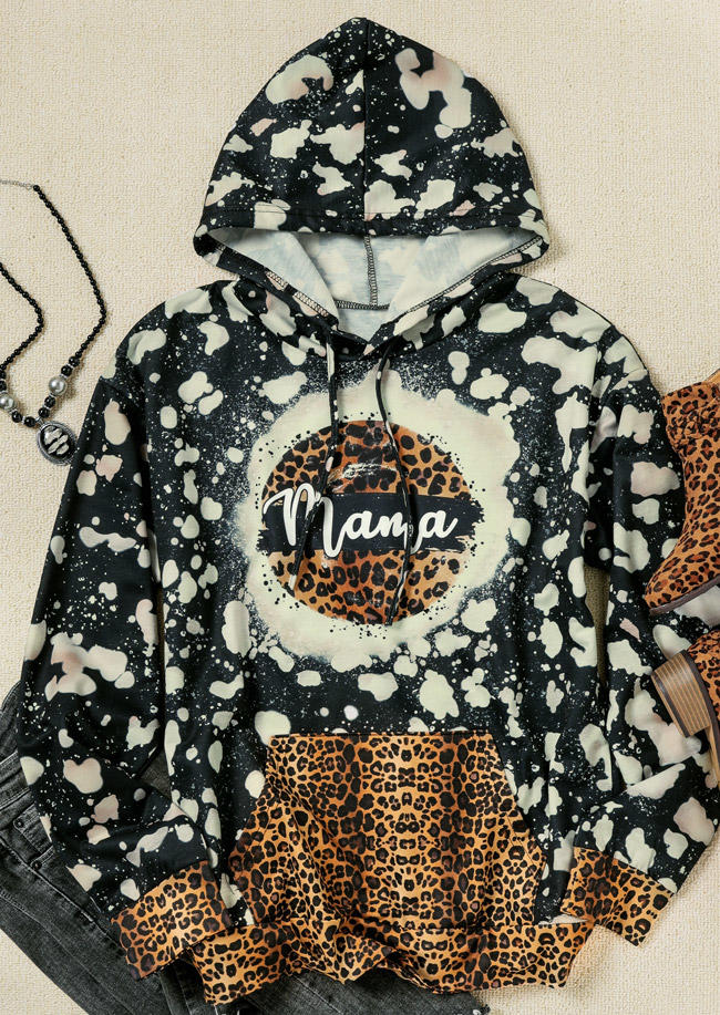 Buy Mama Leopard Kangaroo Pocket Splicing Bleached Hoodie. Picture